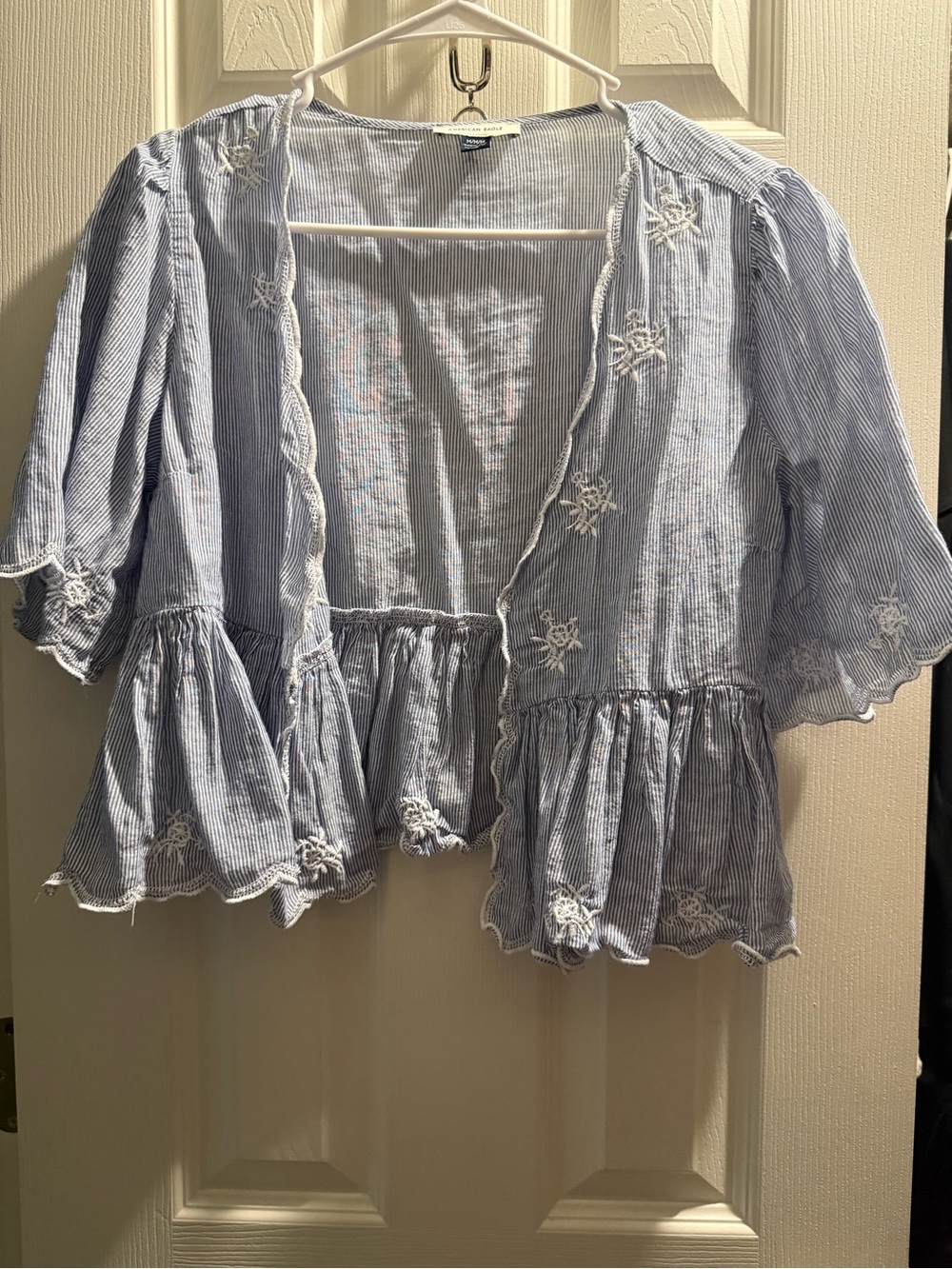 American Eagle Outfitters Light Blue Striped Embroidered Ruffle Tunic